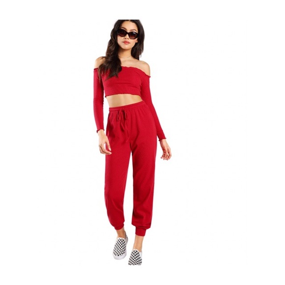 2 PIECES TUBE CROP TOP/ DRAWSTRING TERRY PANTS SET - Picture 2 of 8